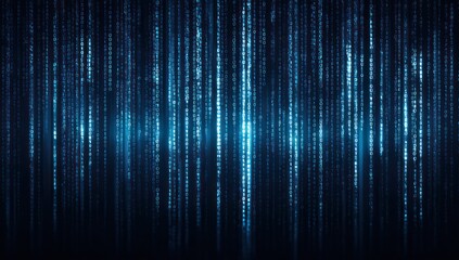 Blue digital binary code streams falling against a dark background.