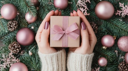 Manicured hands presenting dusty pink Christmas gift package.