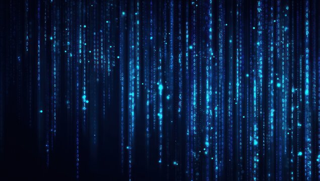 Digital blue glowing binary code streams falling against a dark background. - Powered by Adobe