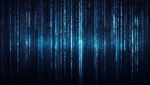 Blue digital binary code streams falling against a dark background.