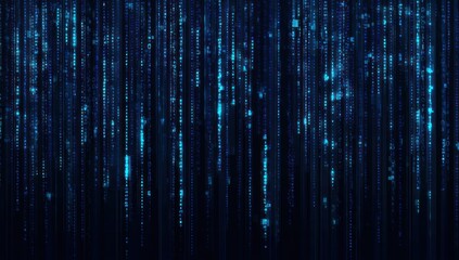 Digital blue characters stream downwards against a dark background.
