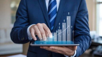 A businessman is working with graph on tablet in hand showing successful of work. The man is wearing a suit and tie