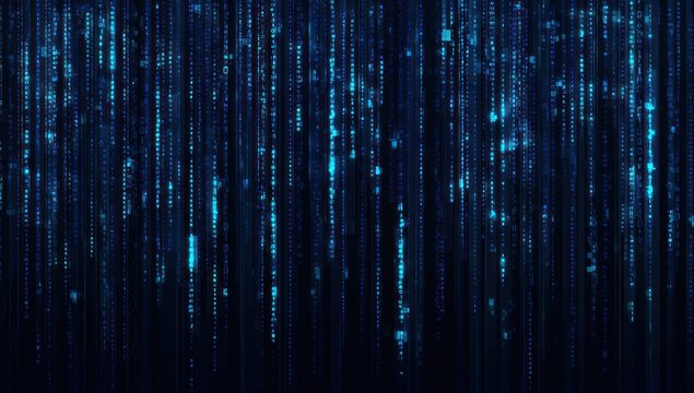Digital blue characters stream downwards against a dark background.