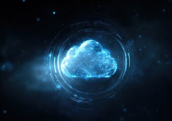 Glowing digital cloud network with abstract futuristic interface elements.