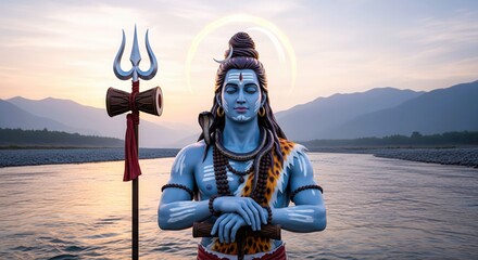 Shiva at Riverbank. Semi-Realistic 3D Divine Scene 16:9 Wallpaper.