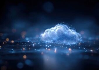 Glowing digital cloud network structure floating above dark surface