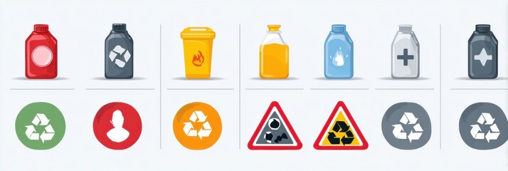 Waste Management Icons Illustrating Different Types of Recyclable and Hazardous Materials for Educational Purposes