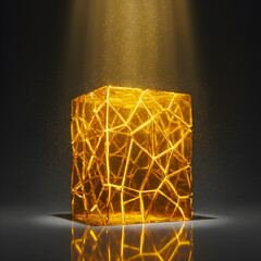 Abstract Glowing Golden Fractured Cube with Geometric Web Pattern Illuminated by Spotlight and Glitter Dust on Reflective Surface