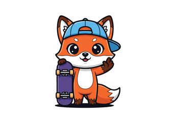 Cartoon illustration of a cheerful orange fox wearing a blue cap and holding a purple skateboard against a clean white background with a playful mood.