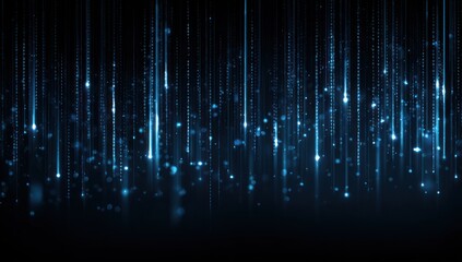 Digital binary code streams down against a dark background with blue light.