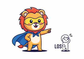 A lion mascot in a cape and glasses gestures towards a shocked person with a speech bubble saying 'LOS!' on a white background with a playful and humorous mood.