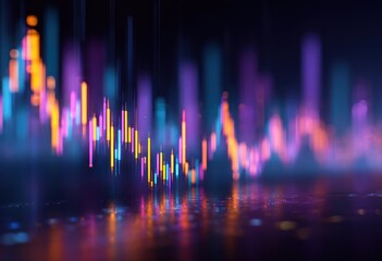 Abstract glowing bar chart reflecting on a dark wet surface.