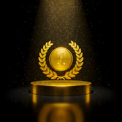 Golden First Place Medal with Laurel Wreath Floating Above a Circular Podium Under Dramatic Spotlight and Falling Glitter