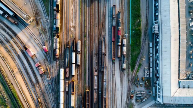Aerial view of a busy railway yard with freight trains and tracks