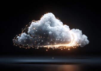 Glowing network structure overlays a white digital cloud against black.