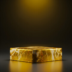 Luxurious Golden Marble Pedestal with White Veins Illuminated by Warm Spotlight on a Dark Background for Exclusive Product Display