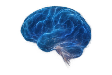 Human brain as glowing blue nebula, representing thought, intelligence, consciousness, and artificial intelligence, transparent background