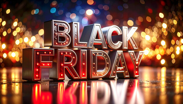 Black Friday glowing 3D sign with metallic red letters against festive lights. AI - Powered by Adobe
