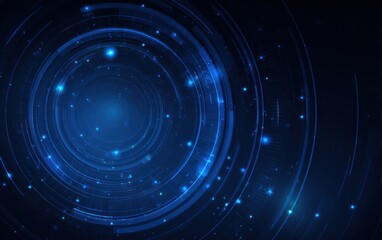 Abstract blue digital background with concentric glowing circles and particles.