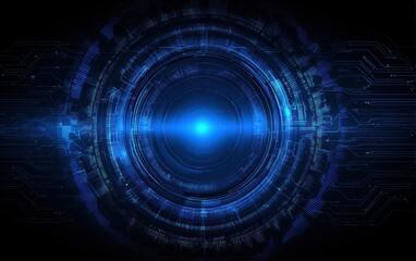 Abstract blue digital interface with glowing circular patterns and circuit lines.
