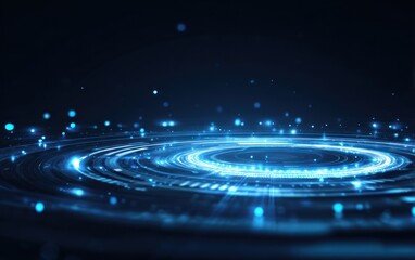 Abstract blue light trails and glowing orbs against dark background