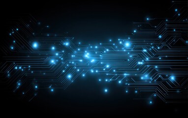 Abstract blue glowing circuit board lines against a dark background.