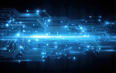 Abstract glowing blue circuit board lines against a dark background.