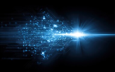 Abstract blue digital circuit lines with bright light burst background