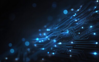 Abstract glowing blue circuit board traces against a dark background.