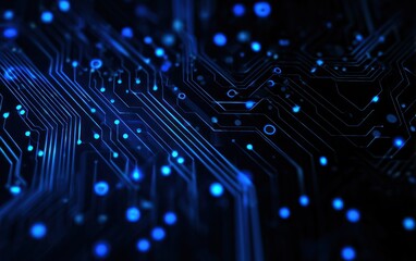 Abstract blue glowing circuit board traces with bokeh lights background