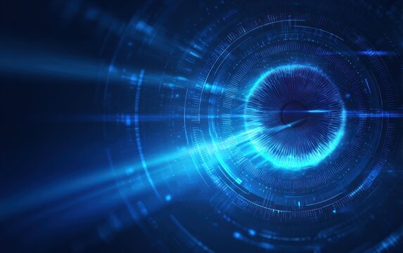 Abstract digital eye structure with bright blue light beams and circuitry. - Powered by Adobe