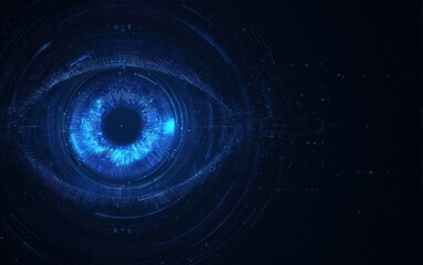 Abstract digital eye with glowing blue circuits on dark background