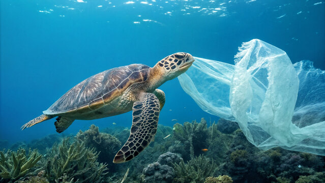 Sea turtle near a plastic bag. Ocean pollution. Environmental problems