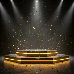 Futuristic Industrial Stage Background Lit by Spotlights and Surrounded by Golden Glitter, Ideal for High-Tech Presentations.