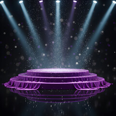 Glamorous Circular Pedestal with Shimmering Effect and Purple Fabric, Ideal for Awards, Cosmetics, or Luxury Brand Displays.