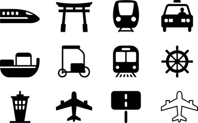 Black and white transportation icons vector illustration collection diverse set
