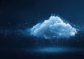 Digital glowing cloud structure with data streams against dark background