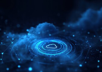 Glowing blue cloud icon centered in a dark digital network background.