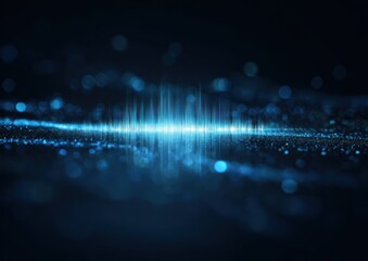 Abstract blue digital sound wave visualization with bokeh lights background.