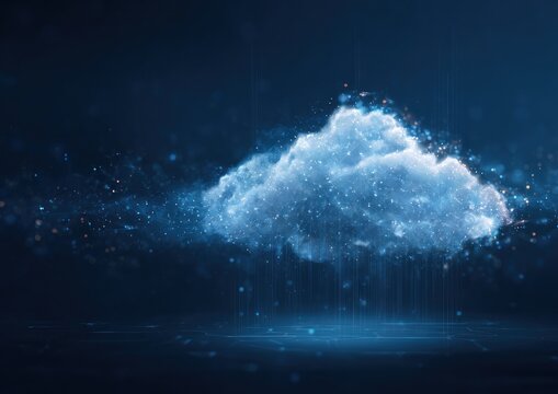 Digital glowing cloud structure with data streams against dark background - Powered by Adobe