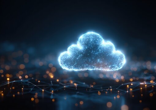 Glowing digital cloud structure over abstract network grid background - Powered by Adobe