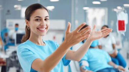 A female doctor smiling warmly at the camera, gesturing invitingly, concept of encouraging blood donation, health, and compassion