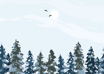 Winter scene with a blue sky and a snowy forest. The trees are covered in snow, and there are two birds flying in the sky