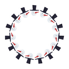 A snowman wearing on black hat and smiling. Wreath snowman heads