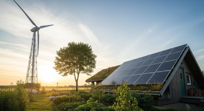 A house with solar panels on the roof and a wind turbine in the background, promoting renewable energy.