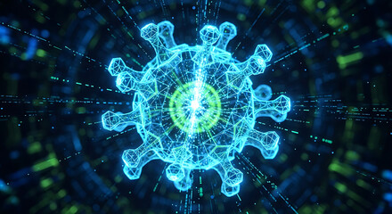 Digital representation of a virus in a technological network, symbolizing global health challenges and data spread.
