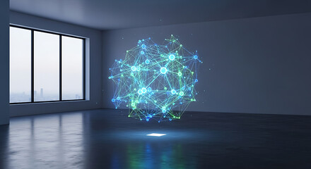 Futuristic glowing network sphere floating in modern empty room with city view, data connection concept