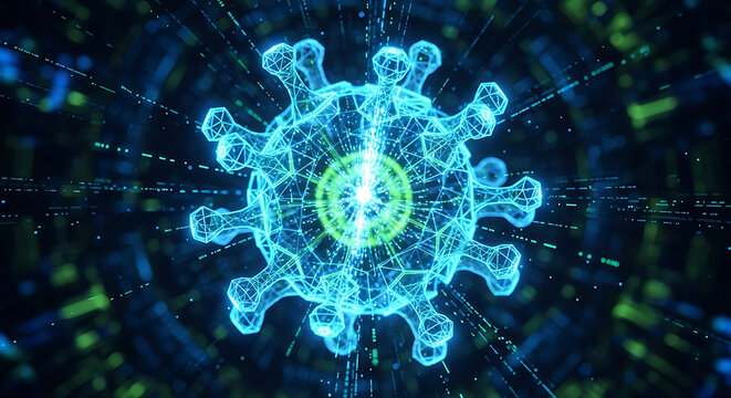 Digital representation of a virus in a technological network, symbolizing global health challenges and data spread.