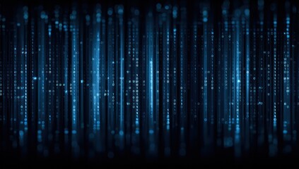 Abstract blue digital binary code streams falling against a dark background.