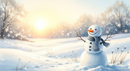 Fototapeta premium A cheerful snowman stands in a snowy landscape, with a bright sun setting in the background.